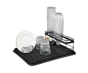 WENKO 54798100 scolapiatti con portabottiglie Amy, scolapiatti per lavello, componenti rimovibili, vassoio in plastica riciclata, nero, metallo verniciato a polvere