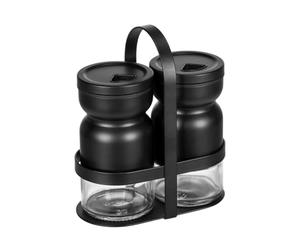 WENKO 55081100 - Mensola con spargispezie Melli, 3 pezzi, 2 spargitori e 1 spezie a grana fine e grossa, barattolo in vetro, coperchio e supporto in metallo verniciato a polvere, trasparente/nero