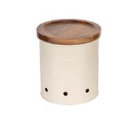 WENKO 54046100 Aria - Contenitore in Metallo con Coperchio in Legno di Acacia, permeabile all'Aria, Ø 13,5 x 15 cm, Beige, Metallo Verniciato a Polvere, Colore: Crema