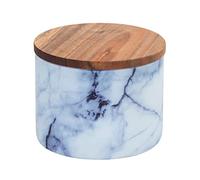 WENKO Barattolo Mio, barattolo in vetro borosilicato effetto marmo blu/bianco con coperchio ermetico in legno d’acacia marrone certificato FSC, 0.5 l, Ø 11 x 8.5 cm
