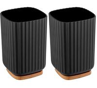 Wenko Bicchiere Porta Spazzolini Rotello, Bicchiere per Spazzolini in Plastica e Fondo di Bambù, per Riporre Accessori Dell’Igiene Orale con Pratico Design Rigato, Ø 8,6 X 11,1 Cm, Nero/Naturale