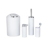 WENKO Calvo Set di accessori da bagno, 4 pezzi, dispenser di sapone, bicchiere per spazzolino, scopino WC, scopino per WC, cestino per cosmetici, set da bagno, bianco