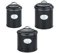 WENKO Contenitore Nero Set da 3 pezzi, 2 contenitori ermetici, 1 litro e 1,6 litri e 1 barattolo traspirante con fori, 4 litri, in metallo laccato, colore: nero