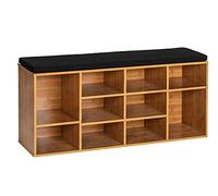 WENKO Panca/scarpiera Loft con seduta imbottita. scaffale per scarpe dal fascino delle vecchie fabbriche. con superficie per contenere fino a 10 paia di scarpe. moderna scarpiera e panca in MDF effetto bambù. 103 x 48 x 29.5 cm. colore nero/naturale