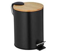 WENKO Pattumiera a pedale Tortona, secchio nero con coperchio in bambù, 3 litri, di alta qualità, con abbassamento automatico Easy-Close, in acciaio inox satinato, 17 x 23,5 x 21 cm