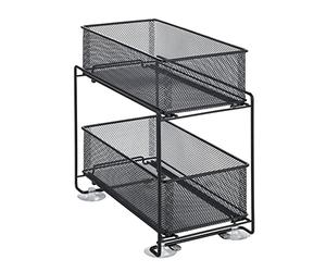 WENKO Scaffale divisorio Gioma, pregiato portaoggetti a 2 ripiani e cestello estraibile per armadietto o piano cucina, scaffale in metallo verniciato a polvere, 35 x 33,5 x 18,5 cm, nero