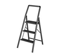 WENKO Scala leggera in alluminio Compact, altezza 66 cm, 3 gradini antiscivolo, staffa di sicurezza e maniglia, 48 x 114,5 x 6 cm, grigio scuro