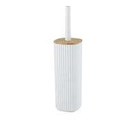 WENKO Set da bagno Rotello, portaspazzolone chiuso in plastica di qualità con coperchio in bambù e superficie rigata, Ø 10 x 36 cm, scopino incluso, spazzola sostituibile, bianco/naturale