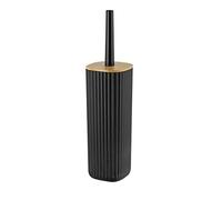 Wenko Set da Bagno Rotello, Portaspazzolone Chiuso in Plastica di Qualità con Coperchio in Bambù e Superficie Rigata, Ø 10 X 36 Cm, Scopino Incluso, Spazzola Sostituibile, Nero/Naturale