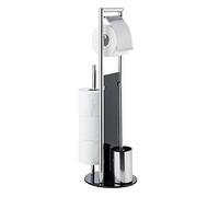 Wenko Set da Toilette Ravina Acciaio Lucido con scopino, Porta Carta igienica e portarotolo di riserva, Base in Vetro Argento Lucido