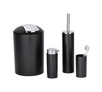 WENKO Set di accessori da bagno Calvo, 4 pezzi, dispenser di sapone, bicchiere per spazzolini da denti, scopino WC, scopino per WC, secchio per cosmetici, colore nero, con dettagli cromati, in