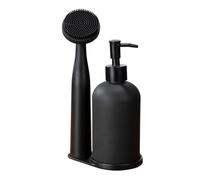 WENKO Set lavaggio 3 pezzi con dispenser piatti ricaricabile 400 ml | dispenser in vetro, spazzola per piatti in plastica & supporto in polyresina, 12,5 x 9 x 25 cm, nero, Mod Piedo