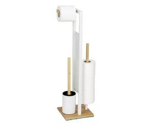 Wenko Set WC MOD. Rivalta portarotolo e portarotolo di riserva in bambù Vetro di Sicurezza scopino Nero Acciaio 18 x 70 x 23 cm Bianco Naturale