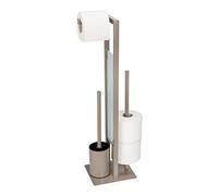 WENKO Stand Rivalta - Scopino WC autoportante con scopino, porta rotolo di carta igienica e di ricambio, in acciaio laccato opaco, divisorio in vetro di sicurezza, 18 x 70 x 23 cm, tortora/nero