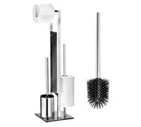 WENKO Supporto scopino WC MOD. Rivalta-Spazzola di Ricambio in Silicone, Porta Carta igienica Integrata, in Acciaio Inox, Vetro temperato Inossidabile Polipropilene, Lucido, 18 x 70 x 23 cm