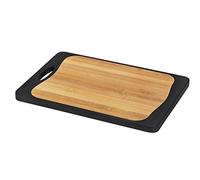 WENKO Tagliere Kombi, tagliere antiscivolo con un lato in plastica antibatterica per carne e pesce e un lato in plastica e bambù, con manico e scanalatura per i succhi, 33 x 23 cm, nero/naturale