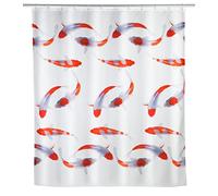 Wenko Tenda per doccia Nagoya, 180 x 200 cm, tenda in 100% poliestere con occhielli in metallo e banda con peso in gomma per doccia e vasca, idrorepellente e lavabile, inclusi 12 anelli bianchi