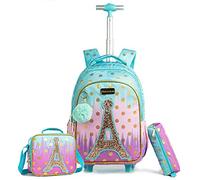 Wenlia Zaino con Ruote per Bambini, Set per la Scuola 3 pezzi Zaino Trolley, Borsa Termica Pranzo Con Astuccio Per Matite Zaino per Asilo, Zaino Scuola Elementare Ragazze e Ragazzi da Viaggio