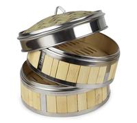WENLISELL Cestello per cottura a vapore in bambù a due livelli da 20 cm, con coperchio, anelli in metallo da 20 cm, per panini bao, dim sum, carne, pesce