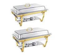 WENMILY Chafing Dish Buffet Set da 9 l,robusto e di alta qualità,2 contenitori caldi in acciaio inox,design a bordo arrotolato,per catering buffet e feste (oro quadrato - 2 set da 1/2 + 1/1