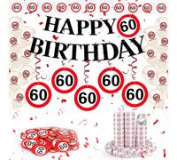 WenmthG Decorazione per 60° compleanno, per uomini e donne, 60° compleanno, decorazione con ghirlanda, palloncini, stelle filanti, striscioni, coriandoli - cartello stradale per 60° anno