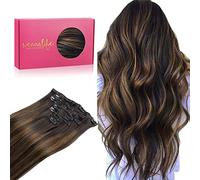 WENNALIFE Extension Capelli Veri Clip, 35cm 120g 7pcs Extension Clip Capelli Veri Balayage Castano Scuro Misto Castano Remy Umani Naturali Capelli Extension con Clip