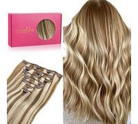 WENNALIFE Extension Capelli Veri Clip, 35cm 120g 7pcs Extension Clip Capelli Veri Castano Cenere con Riflessi Biondo Oro Remy Umani Naturali Capelli Extension con Clip