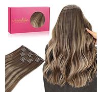 WENNALIFE Extension Capelli Veri Clip, 45cm 120g 7pcs Extension Clip Capelli Veri Balayage Marrone Cioccolato a Biondo Miele Remy Umani Naturali Capelli Extension con Clip