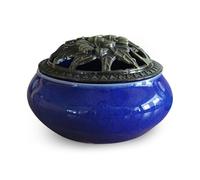 Wenrescry Bruciatore di incenso in ceramica con motivo a loto con corpo in ceramica blu, include 10 bastoncini di incenso naturali, tappetino ignifugo e porta incenso a zucca in ottone, perfetto per
