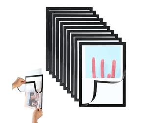 wenrescry Cornici magnetiche autoadesive A4 - Set di 8 (4 nere e 4 argento), display impermeabile, PVC trasparente, documenti magnetici, copertine per foto e poster, adatte per pareti, finestre