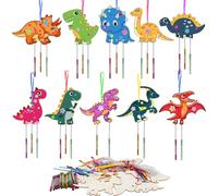 Wenrescry Set 10 Campanelli Eolici con Dinosauri Fai da Te - Kit Artigianale in Legno per Bambini con Pennelli e Adesivi, Giocattolo Creativo per Compleanni e Lavoretti Manuali