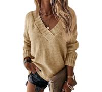 Wenrine Damen Pullover Winter Langarm V-Ausschnitt Strickpullover Sexy Lose Einfarbig(Cachi,XXL)