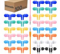 Wensdo Confezione da 100 auricolari per aule, confezionate singolarmente, per studenti all'ingrosso, con cavo jack da 3,5 mm, per aule, scuole, biblioteche, musei e altro (HY01, 100 misti)