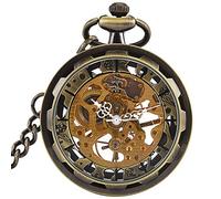 Wenshida Steampunk bronzo orologio da tasca aperta viso trasparente scheletro meccanico catena + confezione regalo