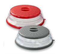 WENWELL Confezione da 2 coperchi paraschizzi per microonde per alimenti, coperchi pieghevoli ventilati da 26 cm (grigio e rosso), silicone e plastica senza BPA, lavabili in lavastoviglie, tappetino