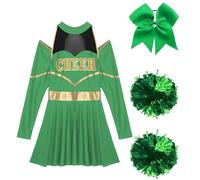 WENYAZIGUO Costume da cheerleader per ragazze, Set uniforme da cheerleader da donna con elastico for capelli con pon pon multicolore S-XXL(Green,S)