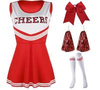 WENYAZIGUO Costume da cheerleader per ragazze, Set uniforme da cheerleader da donna con pon pon e accessori multicolori dalla XS alla XXL(Red,S)