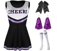 WENYAZIGUO Costume da cheerleader per ragazze, Set uniforme da cheerleader da donna con pon pon e accessori multicolori dalla XS alla XXL(Black,XL)
