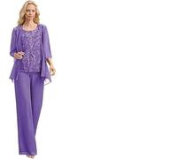 WEOKDFHA Abiti per la Mamma della Sposa Completo da 3 Pezzi in Chiffon con Pantaloni for la Madre della Sposa, Applicazioni in Pizzo, Elegante Abito Formale da Donna con Giacca(Purple,16)