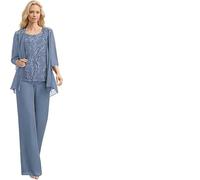 WEOKDFHA Abiti per la Mamma della Sposa Completo da 3 Pezzi in Chiffon con Pantaloni for la Madre della Sposa, Applicazioni in Pizzo, Elegante Abito Formale da Donna con Giacca(Dusty Blue,16)