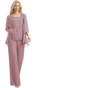 WEOKDFHA Abiti per la Mamma della Sposa Completo da 3 Pezzi in Chiffon con Pantaloni for la Madre della Sposa, Applicazioni in Pizzo, Elegante Abito Formale da Donna con Giacca(Pink,14)