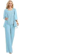 WEOKDFHA Abiti per la Mamma della Sposa Completo da 3 Pezzi in Chiffon con Pantaloni for la Madre della Sposa, Applicazioni in Pizzo, Elegante Abito Formale da Donna con Giacca(Light Blue,16)