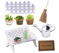 Weploda 9 Pezzi Set da Giardinaggio In Miniatura Casa Delle Bambole, 3 Mini Piante, 1 Panca, 1 Scopa, 1 Tappeto, 1 Annaffiatoio, 2 Staccionate. Adatto per Decorare Mini Giardino
