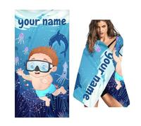 WEQEER Telo mare personalizzato asciugamano da bagno con nome, asciugamano personalizzato sotto il mare, immersioni personalizzate, tema microfibra, telo mare per bambini (A,60 x 120 cm)