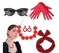 Weqizuerqi Accessori per travestimento degli anni '50 per donne | Accessori a pois stile retrò | Vestito retrò da discoteca 5 pezzi per donne e ragazze Feste tra amiche