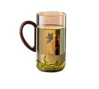 WEQYFDC 500ml Wooden Handle Transparent Drinkware Glass Cup Household Coffee Mug Leaf Pattern Drinking Glasses Coffeeware Teaware(Lotus Pattern)