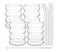 WEQYFDC Leeseph 4Pcs Creative Glass Cups Coffee Mug Vintage Drinking Glasses Ribbed Glassware Aesthetic with Straws Set