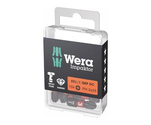 WERA Bit Impaktor per Phillips, 1/4" C 6,3 Set con 10pz., Dim. dell'impronta a croce: 3 Quantità:10
