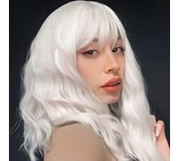 WERD Parrucca bianca con frangia, morbida parrucca a caschetto ondulata da donna, capelli sintetici resistenti al calore, 35,5 cm, parrucca sintetica colorata per ragazze, cosplay, uso quotidiano e
