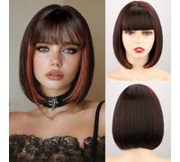 WERD Parrucca corta a caschetto marrone con frangia, capelli sintetici, da donna, misto marrone arancione, per cosplay, feste, uso quotidiano, Halloween